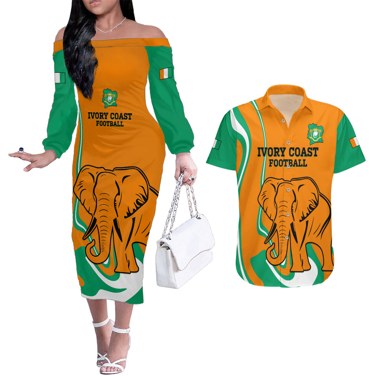 Custom Ivory Coast Football Couples Matching Off The Shoulder Long Sleeve Dress and Hawaiian Shirt 2024 Go Champions Les Elephants - Wonder Print Shop
