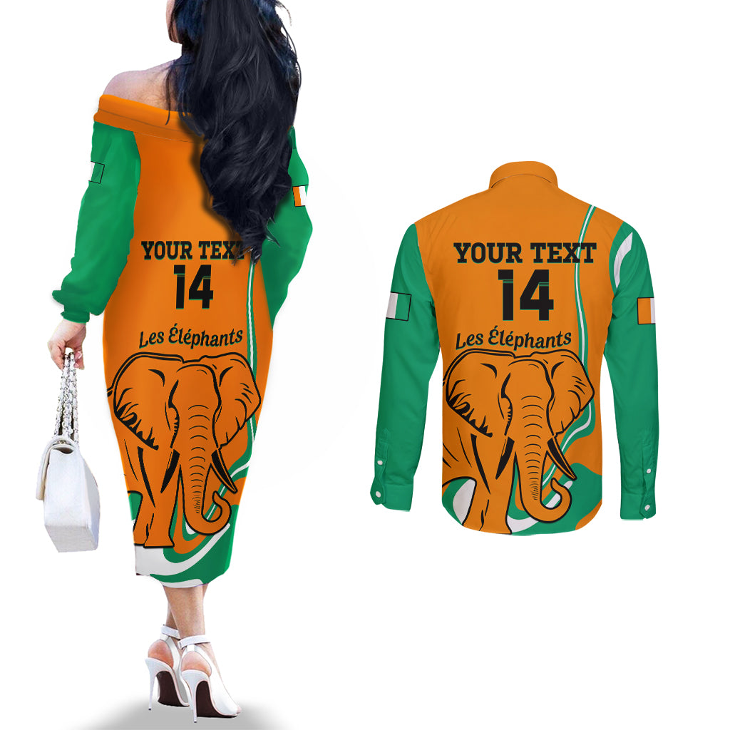 Custom Ivory Coast Football Couples Matching Off The Shoulder Long Sleeve Dress and Long Sleeve Button Shirt 2024 Go Champions Les Elephants