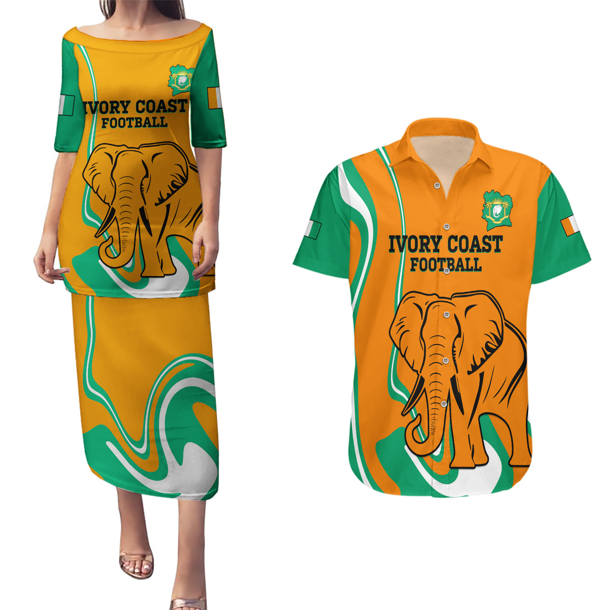 Custom Ivory Coast Football Couples Matching Puletasi and Hawaiian Shirt 2024 Go Champions Les Elephants - Wonder Print Shop