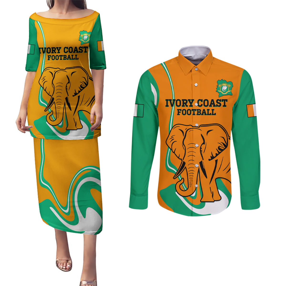 Custom Ivory Coast Football Couples Matching Puletasi and Long Sleeve Button Shirt 2024 Go Champions Les Elephants - Wonder Print Shop
