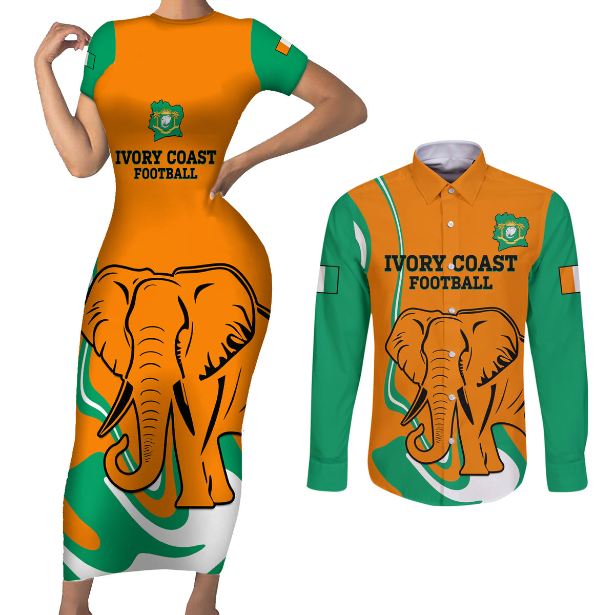 Custom Ivory Coast Football Couples Matching Short Sleeve Bodycon Dress and Long Sleeve Button Shirt 2024 Go Champions Les Elephants - Wonder Print Shop