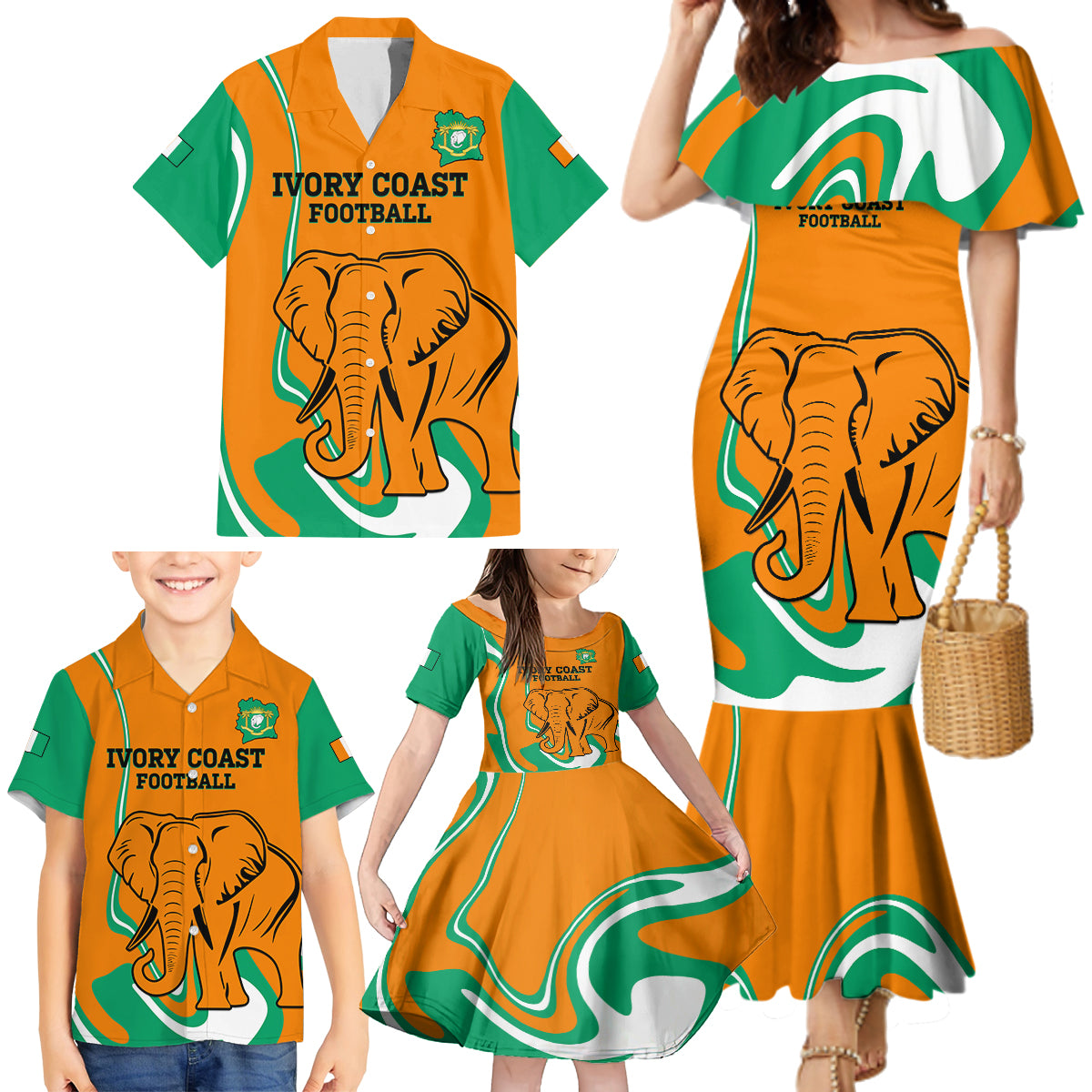 Custom Ivory Coast Football Family Matching Mermaid Dress and Hawaiian Shirt 2024 Go Champions Les Elephants - Wonder Print Shop