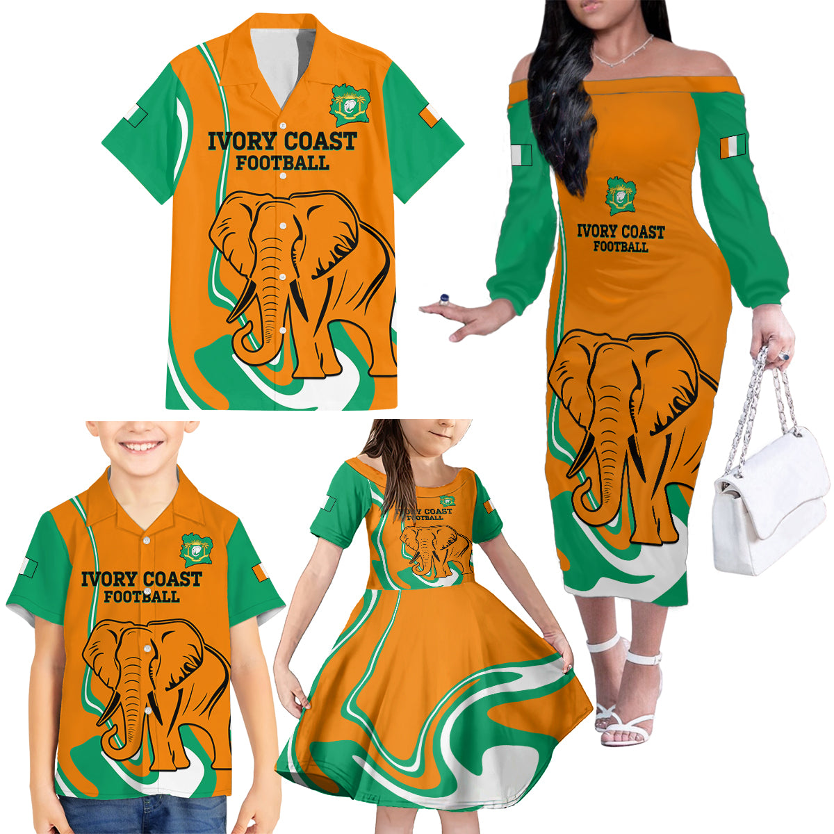 Custom Ivory Coast Football Family Matching Off Shoulder Long Sleeve Dress and Hawaiian Shirt 2024 Go Champions Les Elephants - Wonder Print Shop