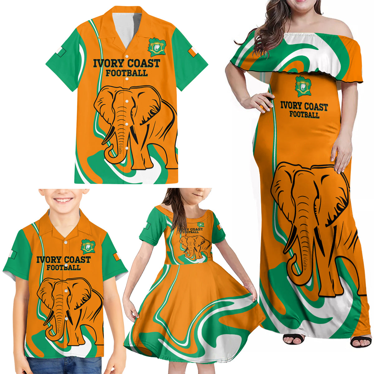 Custom Ivory Coast Football Family Matching Off Shoulder Maxi Dress and Hawaiian Shirt 2024 Go Champions Les Elephants - Wonder Print Shop