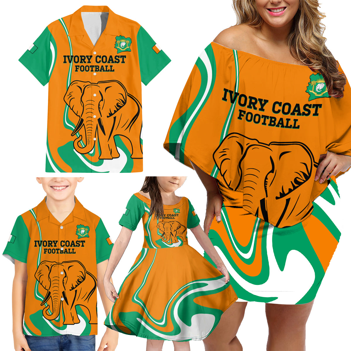Custom Ivory Coast Football Family Matching Off Shoulder Short Dress and Hawaiian Shirt 2024 Go Champions Les Elephants - Wonder Print Shop