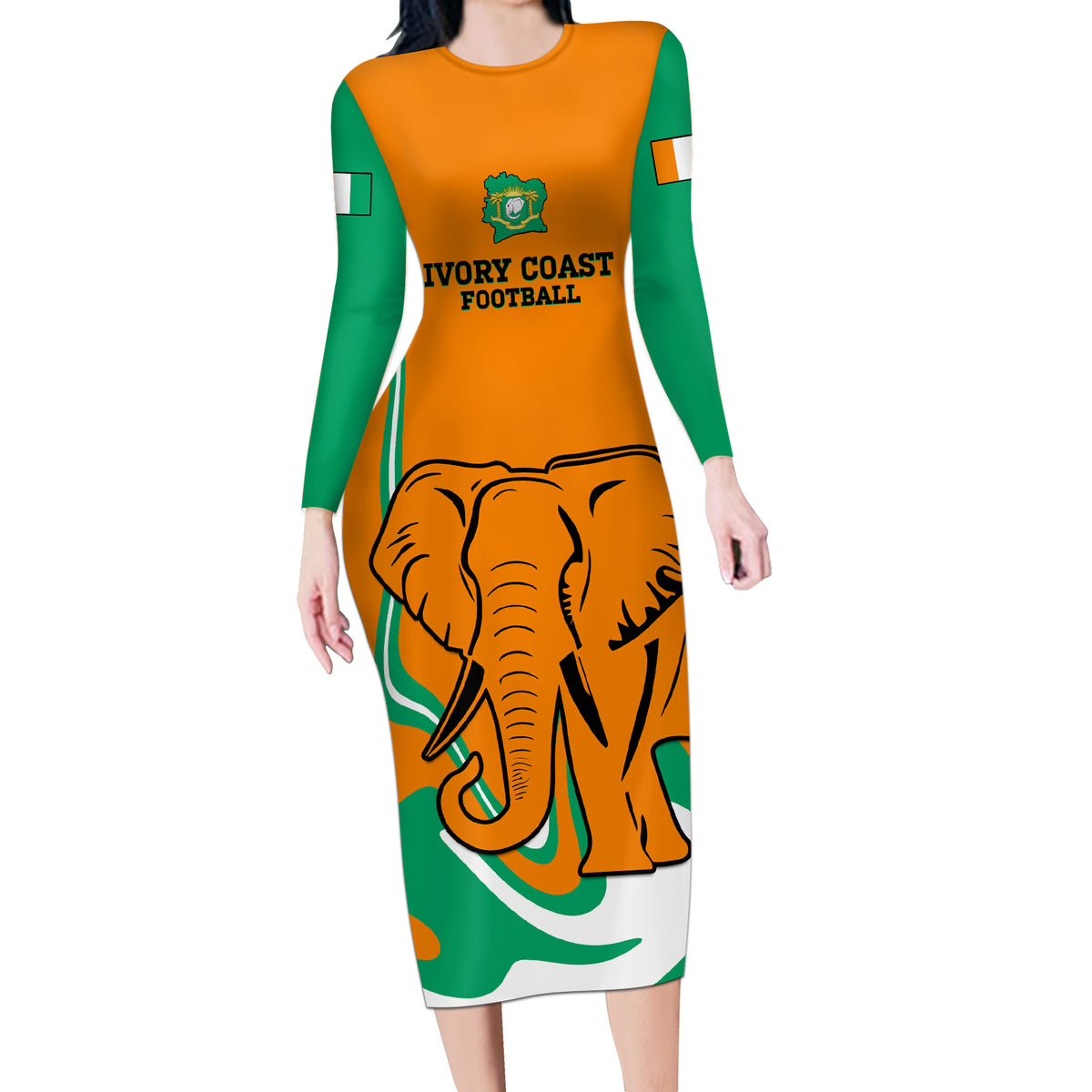 Custom Ivory Coast Football Long Sleeve Bodycon Dress 2024 Go Champions Les Elephants - Wonder Print Shop