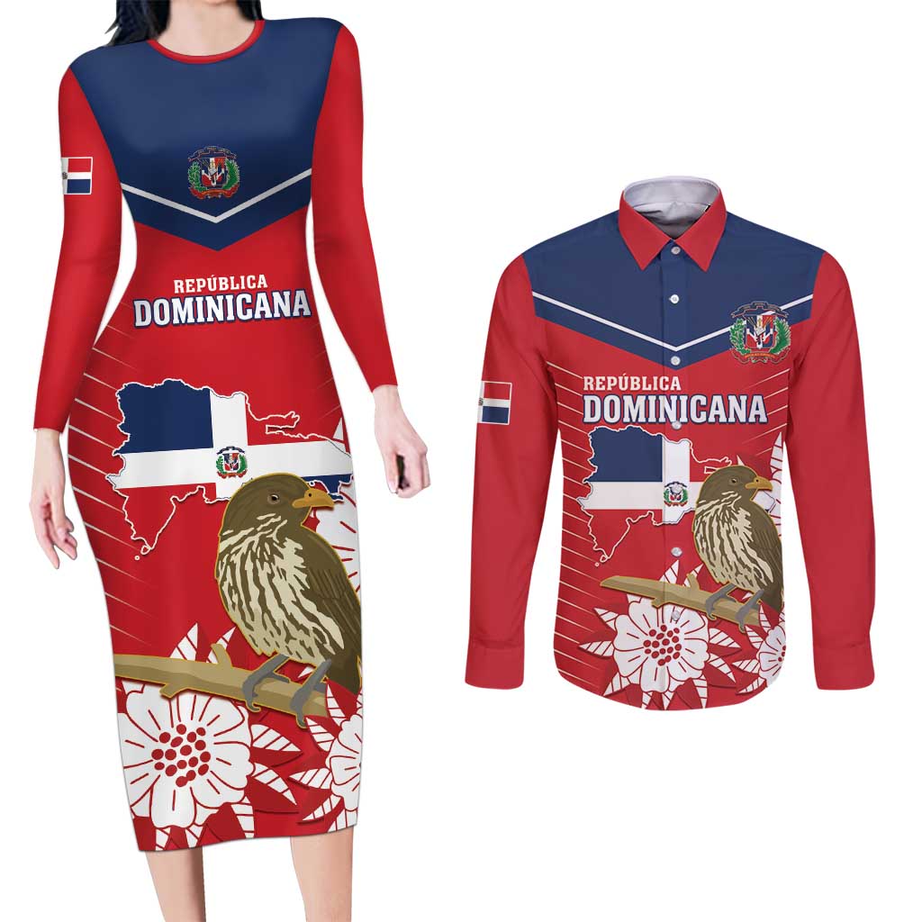Personalized Dominican Republic Independence Day Couples Matching Long Sleeve Bodycon Dress and Long Sleeve Button Shirt Palmchat With Map