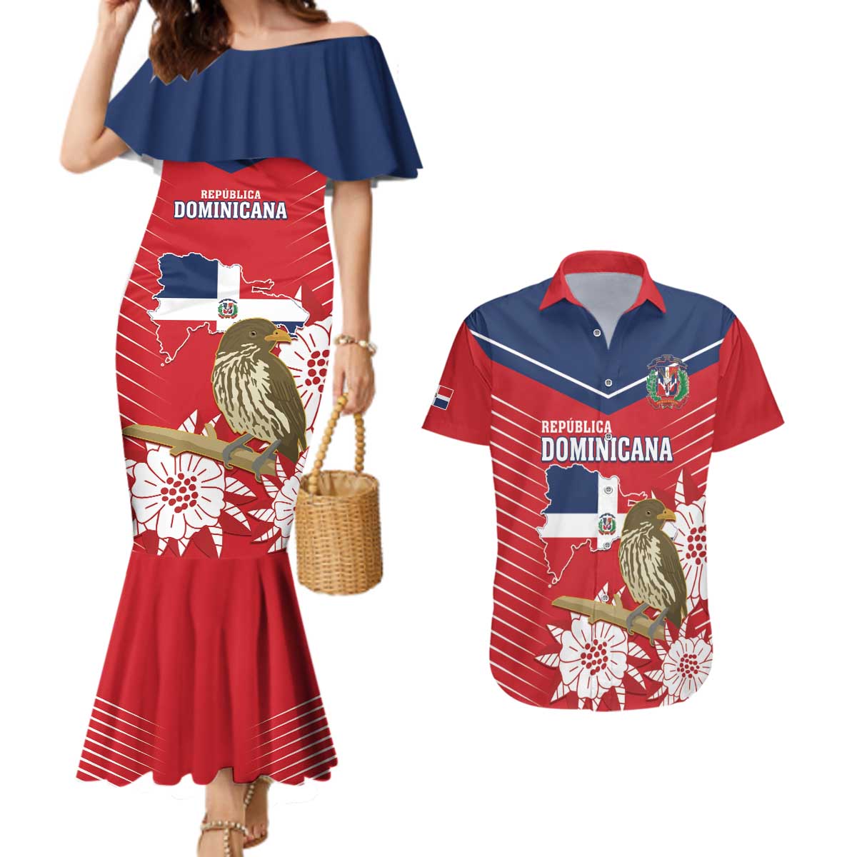 Personalized Dominican Republic Independence Day Couples Matching Mermaid Dress and Hawaiian Shirt Palmchat With Map