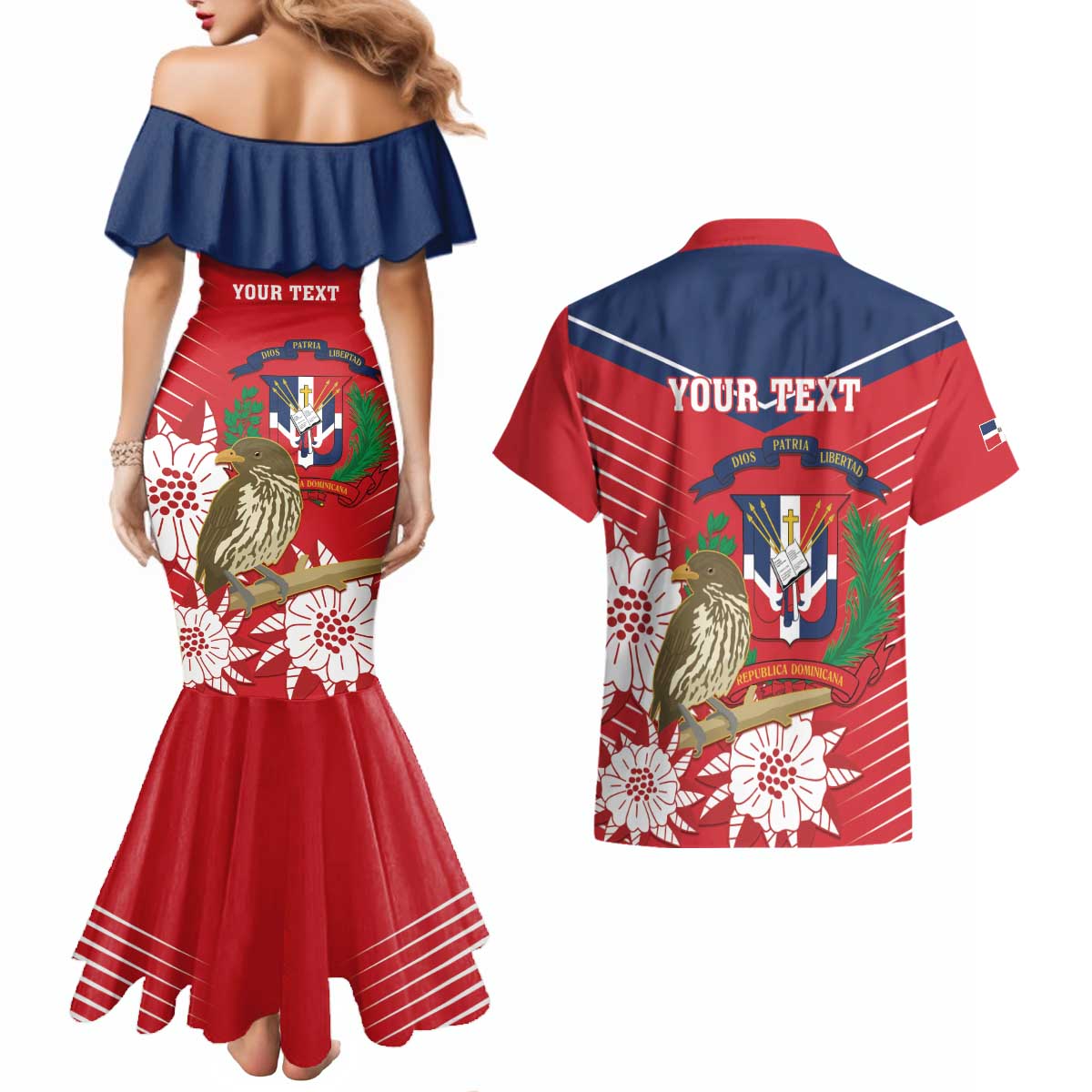 Personalized Dominican Republic Independence Day Couples Matching Mermaid Dress and Hawaiian Shirt Palmchat With Map