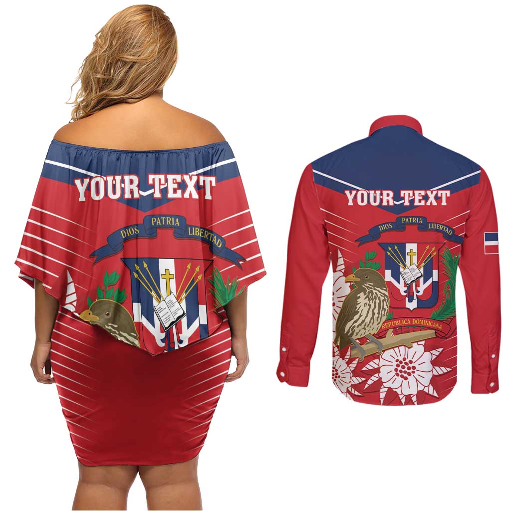 Personalized Dominican Republic Independence Day Couples Matching Off Shoulder Short Dress and Long Sleeve Button Shirt Palmchat With Map