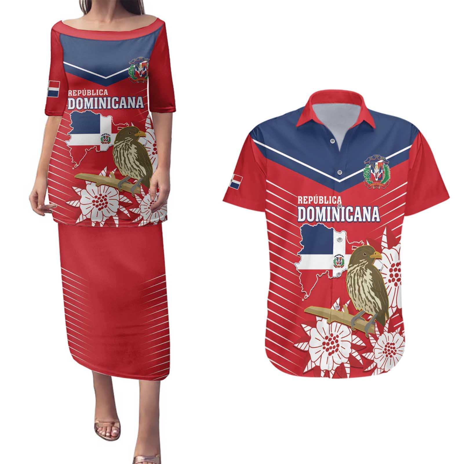 Personalized Dominican Republic Independence Day Couples Matching Puletasi and Hawaiian Shirt Palmchat With Map