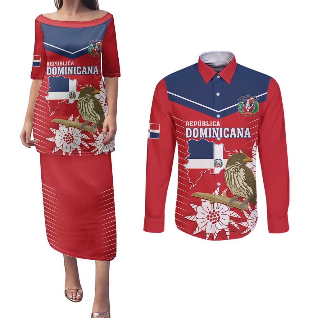 Personalized Dominican Republic Independence Day Couples Matching Puletasi and Long Sleeve Button Shirt Palmchat With Map