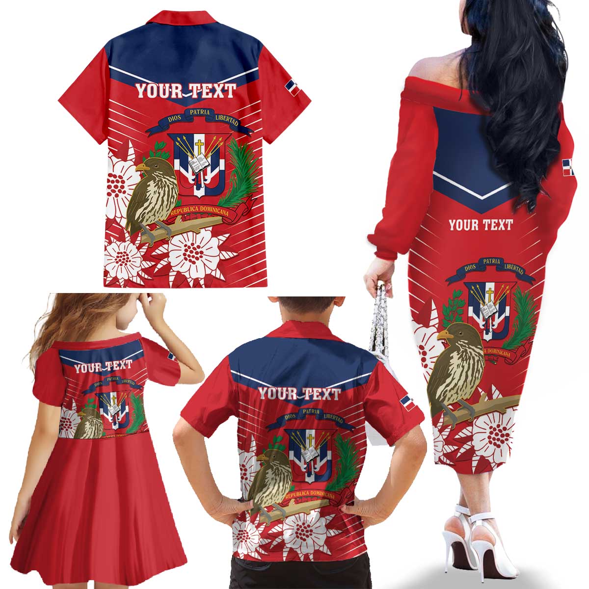 Personalized Dominican Republic Independence Day Family Matching Off The Shoulder Long Sleeve Dress and Hawaiian Shirt Palmchat With Map