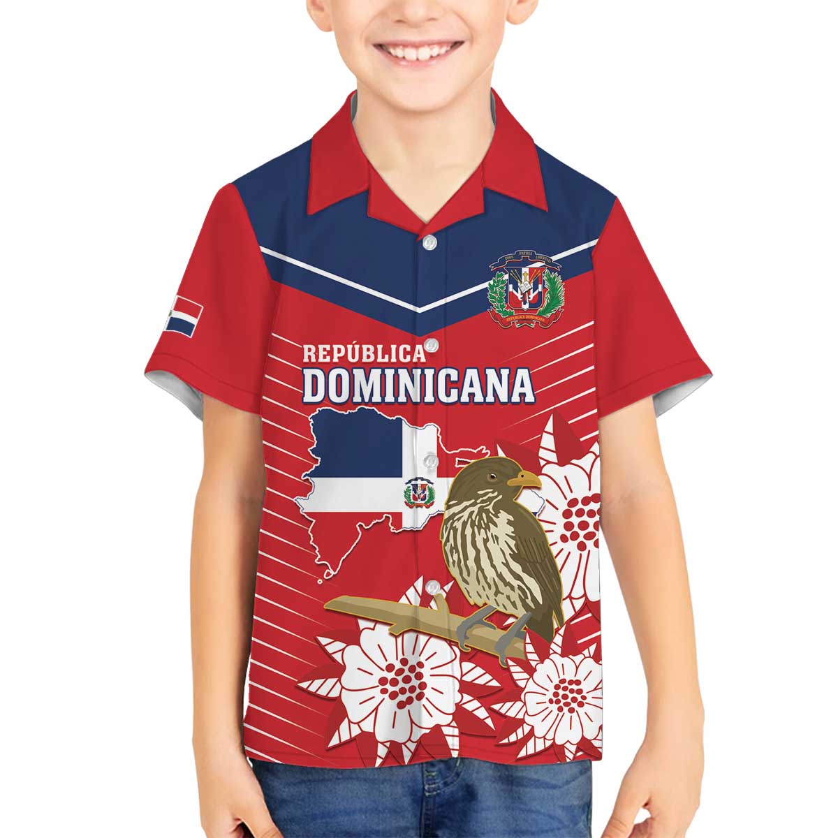 Personalized Dominican Republic Independence Day Family Matching Off The Shoulder Long Sleeve Dress and Hawaiian Shirt Palmchat With Map
