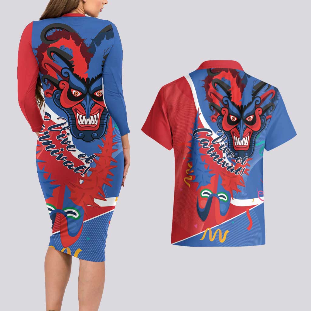 Carnival Dominicano Couples Matching Long Sleeve Bodycon Dress and Hawaiian Shirt Dominican Republic Diablos Cojuelos Mask