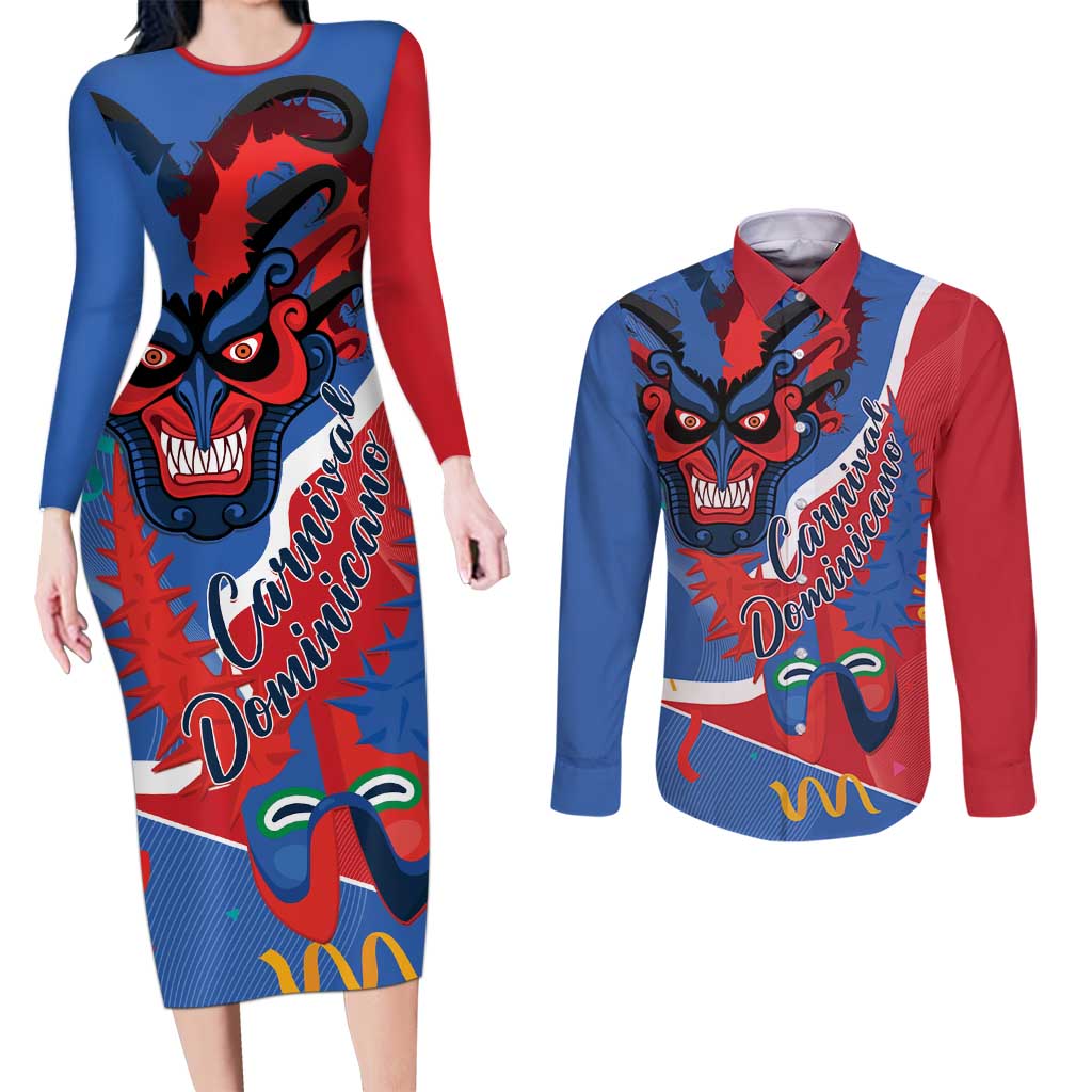 Carnival Dominicano Couples Matching Long Sleeve Bodycon Dress and Long Sleeve Button Shirt Dominican Republic Diablos Cojuelos Mask