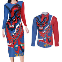 Carnival Dominicano Couples Matching Long Sleeve Bodycon Dress and Long Sleeve Button Shirt Dominican Republic Diablos Cojuelos Mask