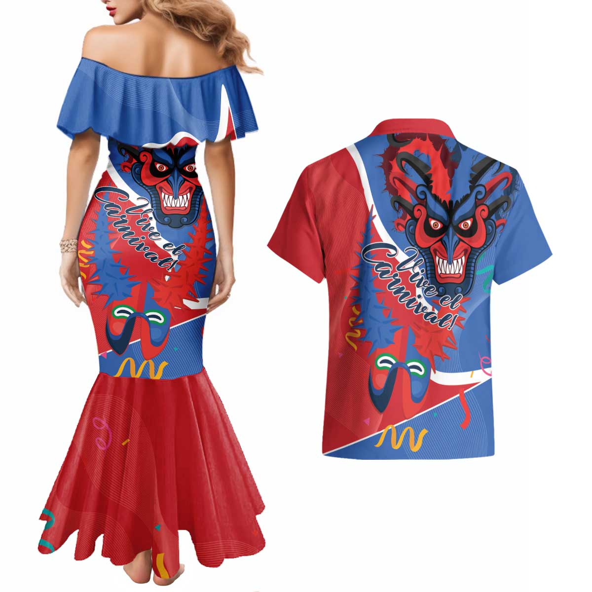 Carnival Dominicano Couples Matching Mermaid Dress and Hawaiian Shirt Dominican Republic Diablos Cojuelos Mask