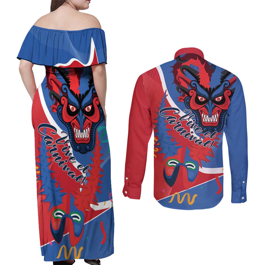Carnival Dominicano Couples Matching Off Shoulder Maxi Dress and Long Sleeve Button Shirt Dominican Republic Diablos Cojuelos Mask