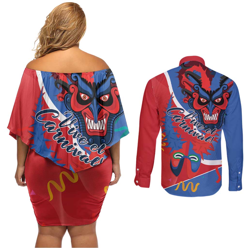 Carnival Dominicano Couples Matching Off Shoulder Short Dress and Long Sleeve Button Shirt Dominican Republic Diablos Cojuelos Mask