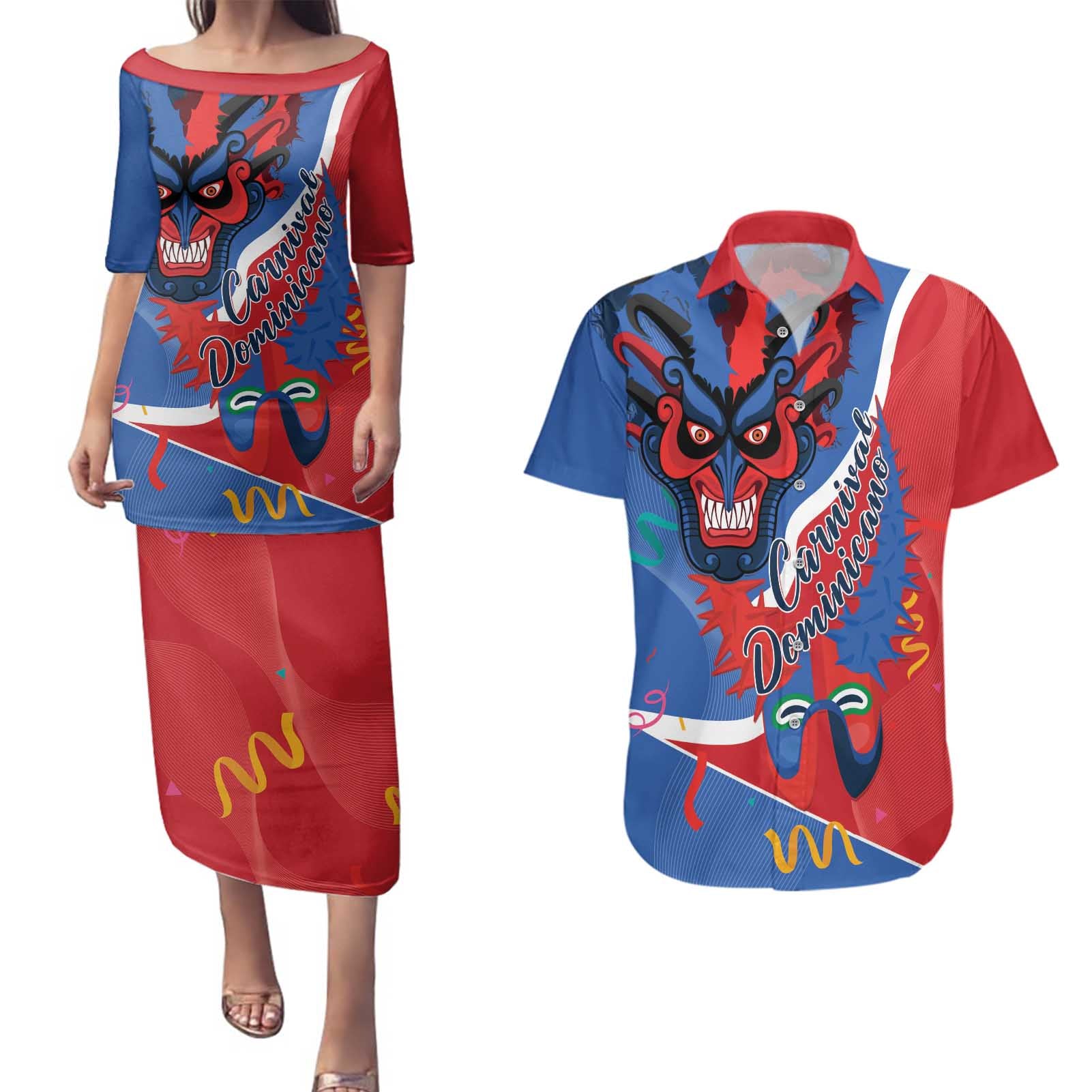 Carnival Dominicano Couples Matching Puletasi and Hawaiian Shirt Dominican Republic Diablos Cojuelos Mask