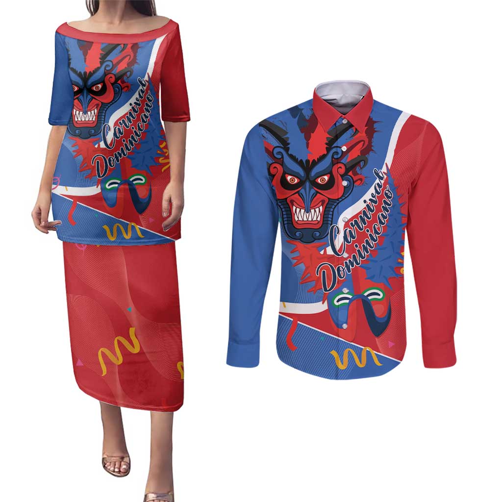 Carnival Dominicano Couples Matching Puletasi and Long Sleeve Button Shirt Dominican Republic Diablos Cojuelos Mask