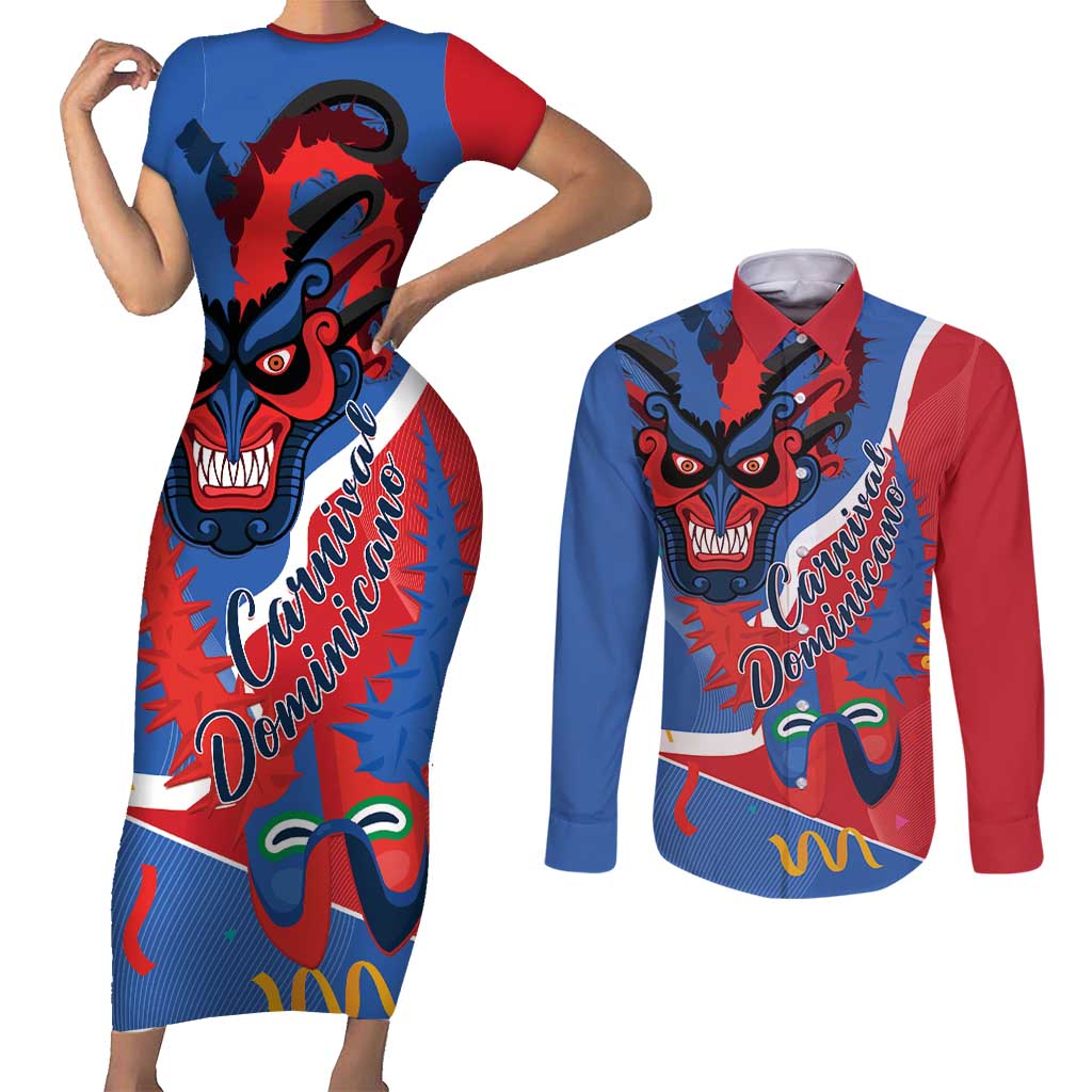 Carnival Dominicano Couples Matching Short Sleeve Bodycon Dress and Long Sleeve Button Shirt Dominican Republic Diablos Cojuelos Mask