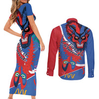 Carnival Dominicano Couples Matching Short Sleeve Bodycon Dress and Long Sleeve Button Shirt Dominican Republic Diablos Cojuelos Mask