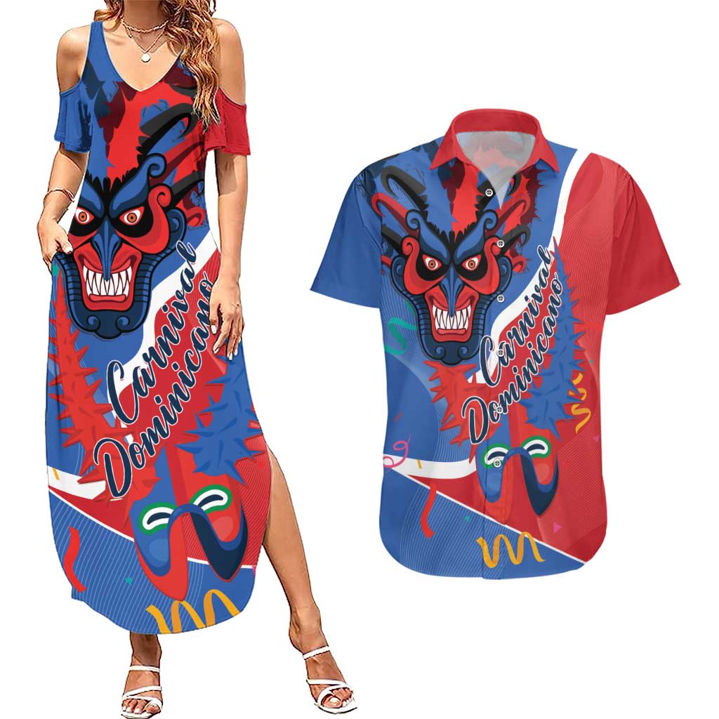 Carnival Dominicano Couples Matching Summer Maxi Dress and Hawaiian Shirt Dominican Republic Diablos Cojuelos Mask