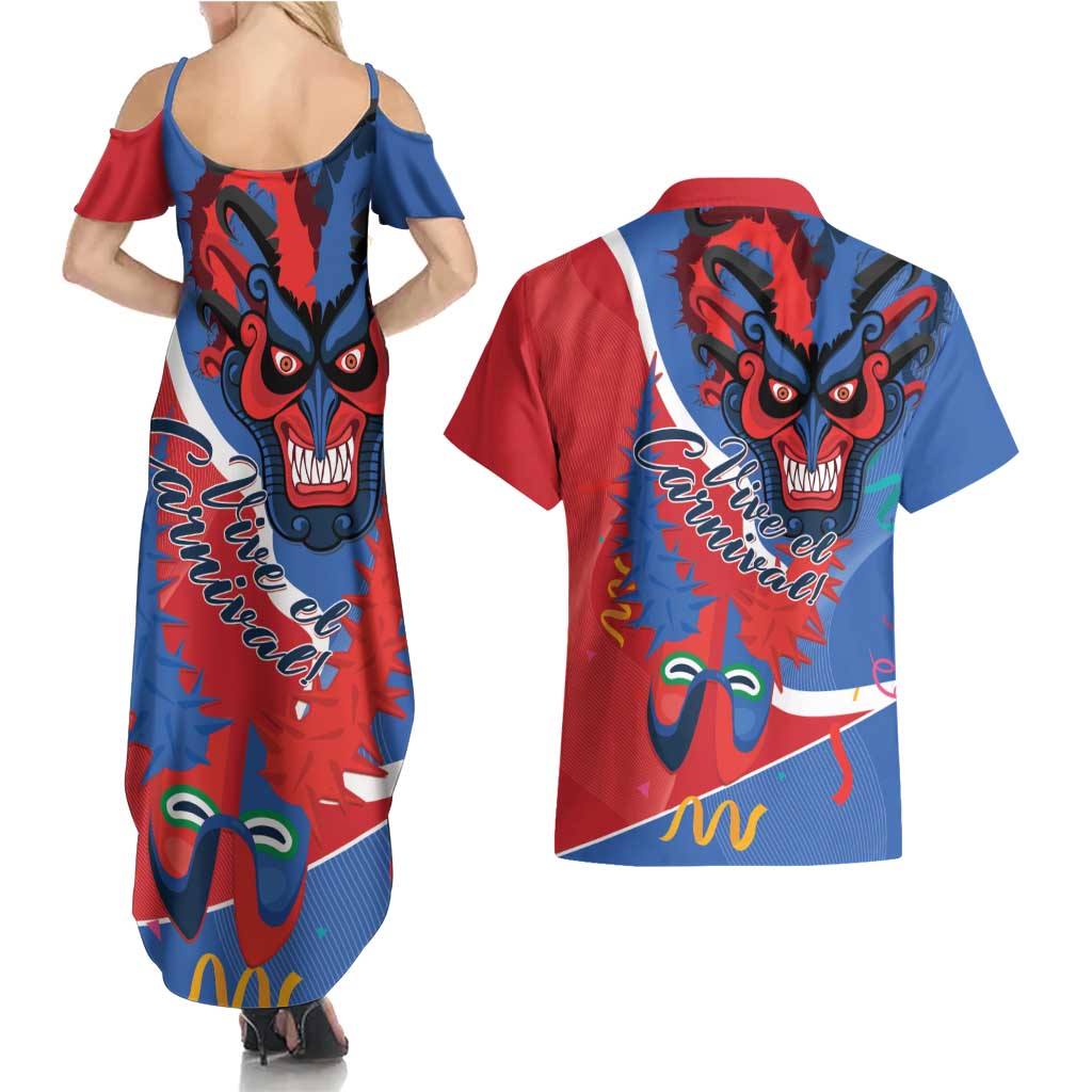Carnival Dominicano Couples Matching Summer Maxi Dress and Hawaiian Shirt Dominican Republic Diablos Cojuelos Mask