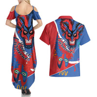 Carnival Dominicano Couples Matching Summer Maxi Dress and Hawaiian Shirt Dominican Republic Diablos Cojuelos Mask
