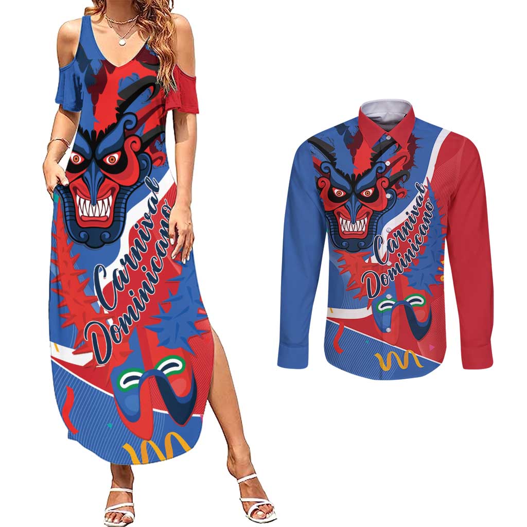 Carnival Dominicano Couples Matching Summer Maxi Dress and Long Sleeve Button Shirt Dominican Republic Diablos Cojuelos Mask