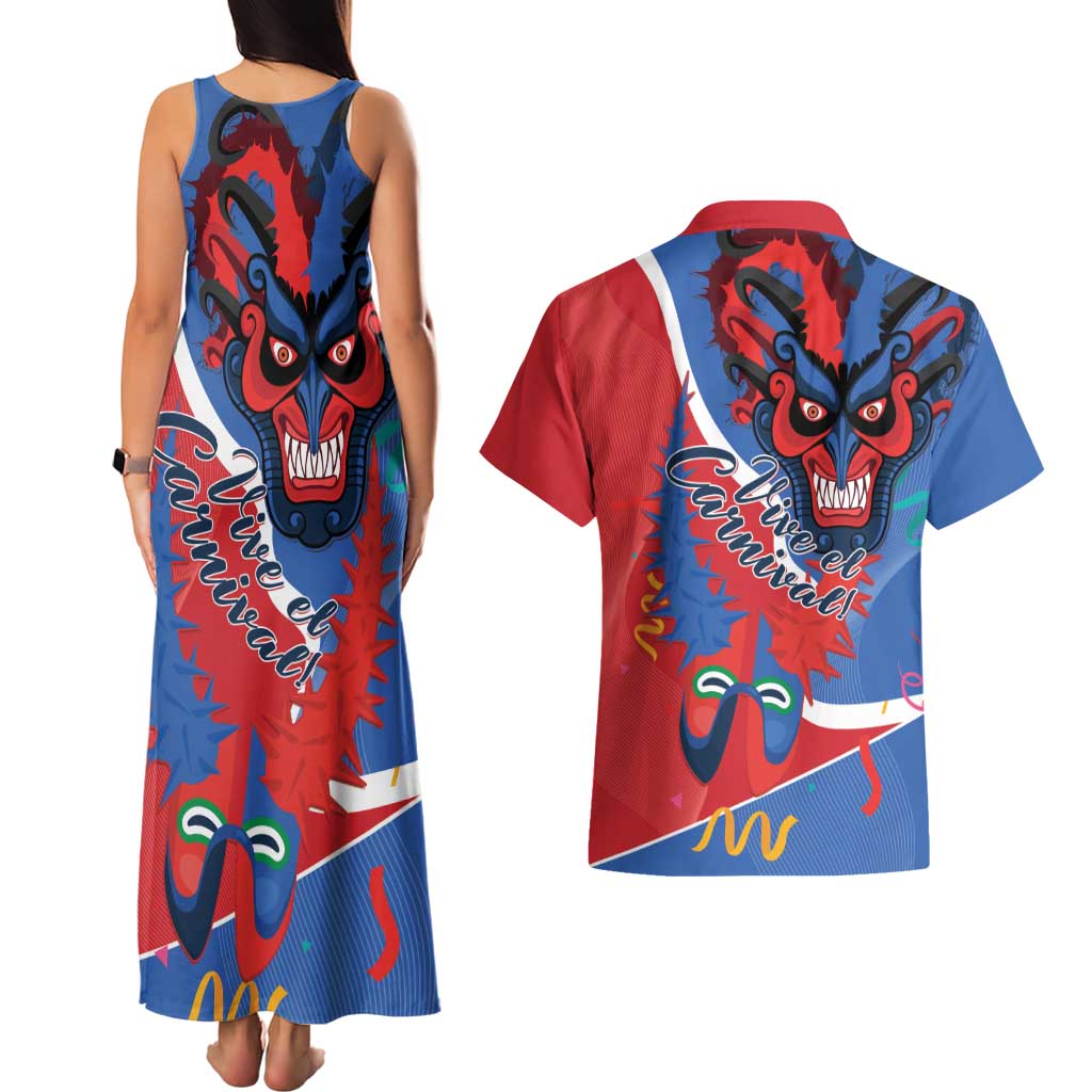Carnival Dominicano Couples Matching Tank Maxi Dress and Hawaiian Shirt Dominican Republic Diablos Cojuelos Mask
