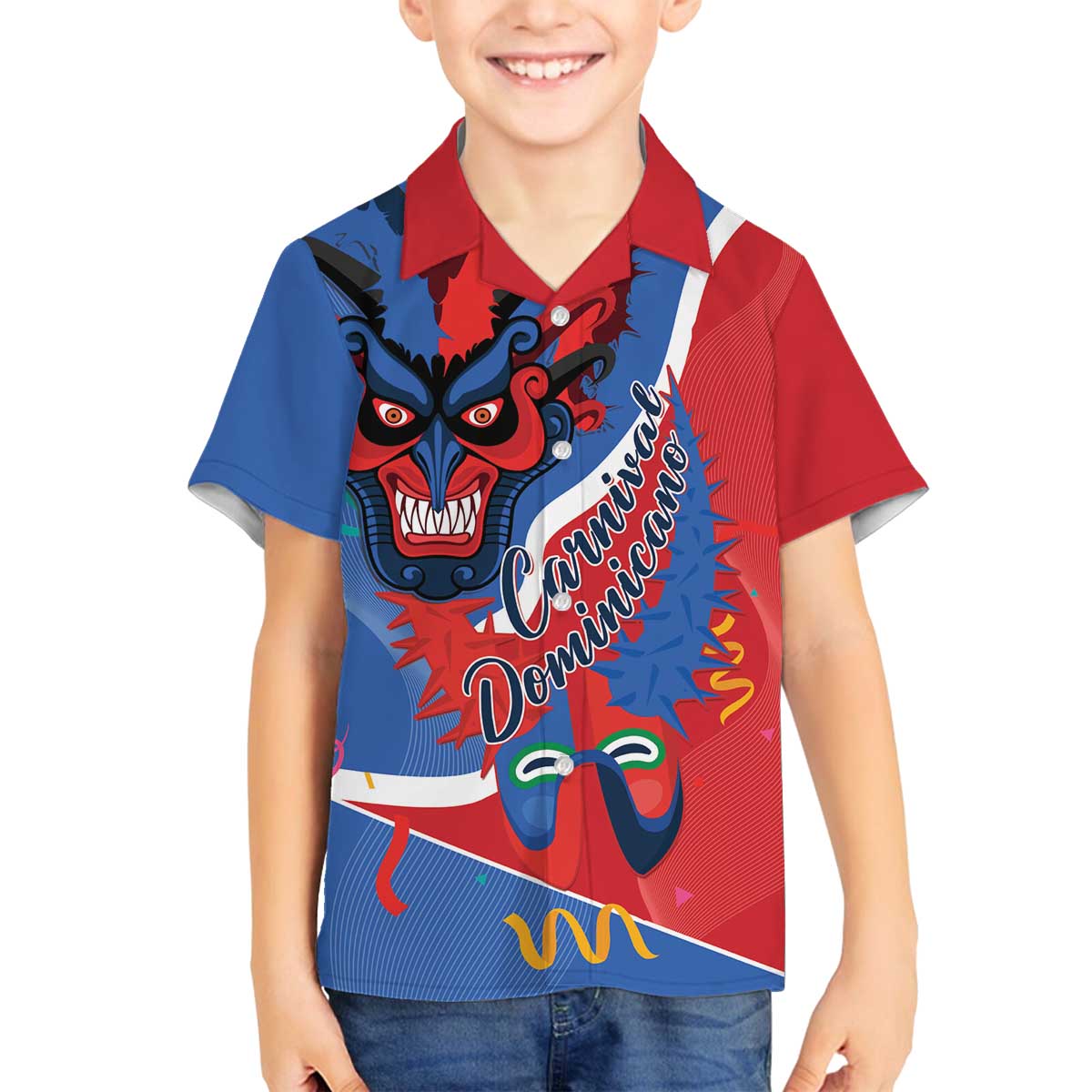 Carnival Dominicano Family Matching Off The Shoulder Long Sleeve Dress and Hawaiian Shirt Dominican Republic Diablos Cojuelos Mask