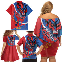 Carnival Dominicano Family Matching Off Shoulder Short Dress and Hawaiian Shirt Dominican Republic Diablos Cojuelos Mask