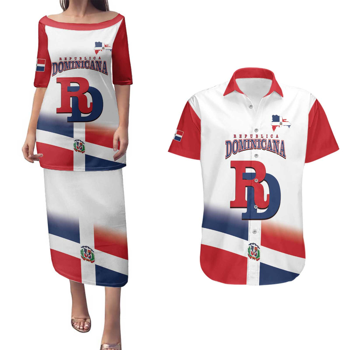 Custom Dominican Republic 2025 Baseball Couples Matching Puletasi and Hawaiian Shirt Go Champions Flag Style