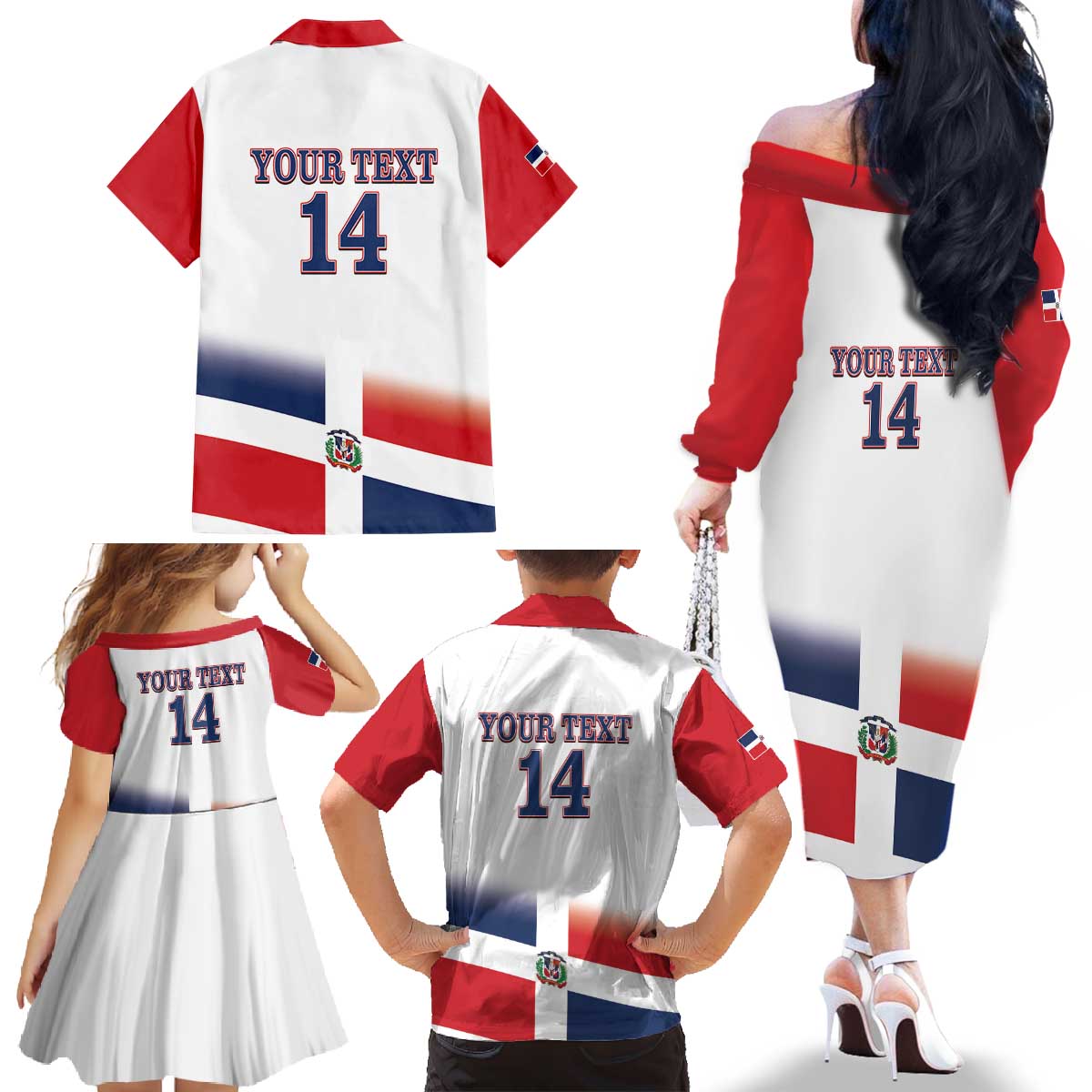Custom Dominican Republic 2025 Baseball Family Matching Off The Shoulder Long Sleeve Dress and Hawaiian Shirt Go Champions Flag Style