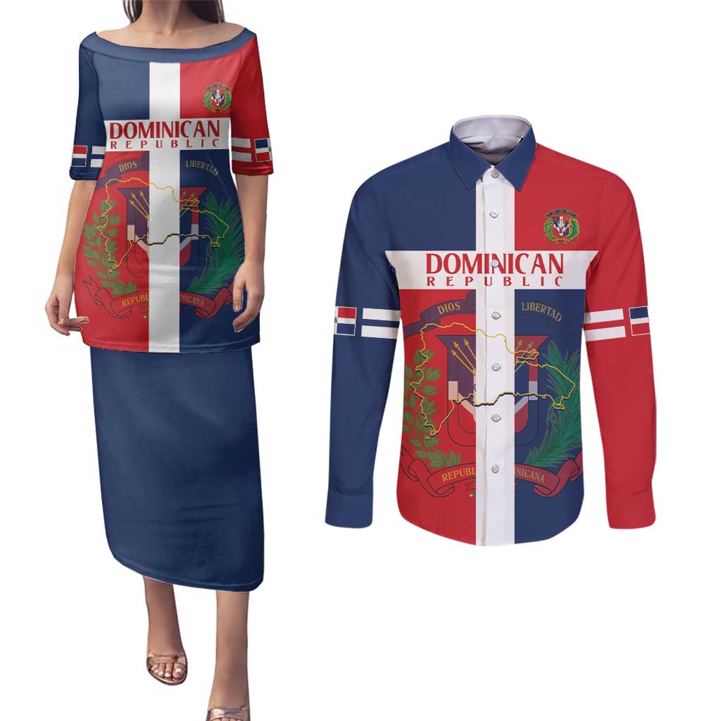 Custom Dominican Republic Football Couples Matching Puletasi and Long Sleeve Button Shirt Go Champions Flag Style