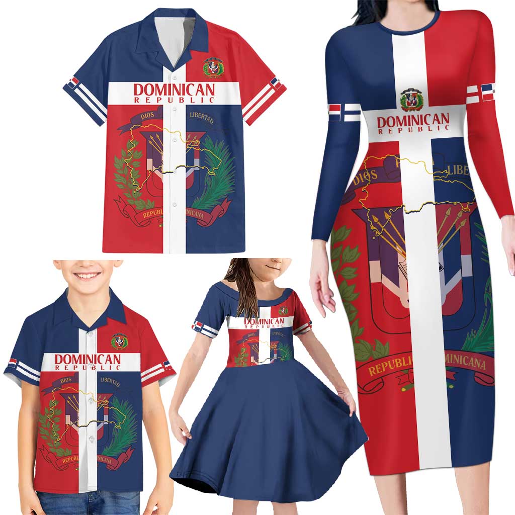 Custom Dominican Republic Football Family Matching Long Sleeve Bodycon Dress and Hawaiian Shirt Go Champions Flag Style