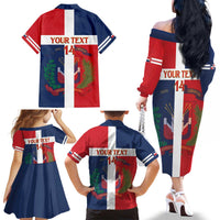 Custom Dominican Republic Football Family Matching Off The Shoulder Long Sleeve Dress and Hawaiian Shirt Go Champions Flag Style