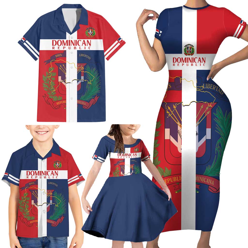Custom Dominican Republic Football Family Matching Short Sleeve Bodycon Dress and Hawaiian Shirt Go Champions Flag Style