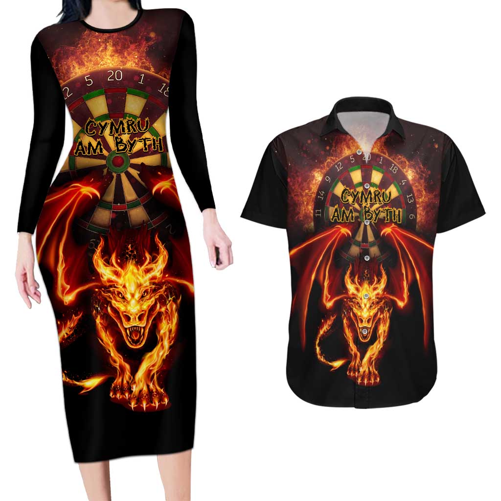 Cymru Am Byth Wales Darts Couples Matching Long Sleeve Bodycon Dress and Hawaiian Shirt Go Welsh Flame Style