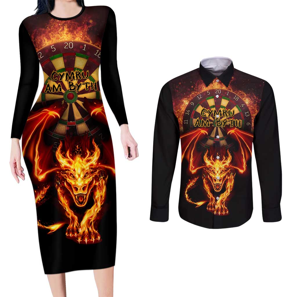 Cymru Am Byth Wales Darts Couples Matching Long Sleeve Bodycon Dress and Long Sleeve Button Shirt Go Welsh Flame Style