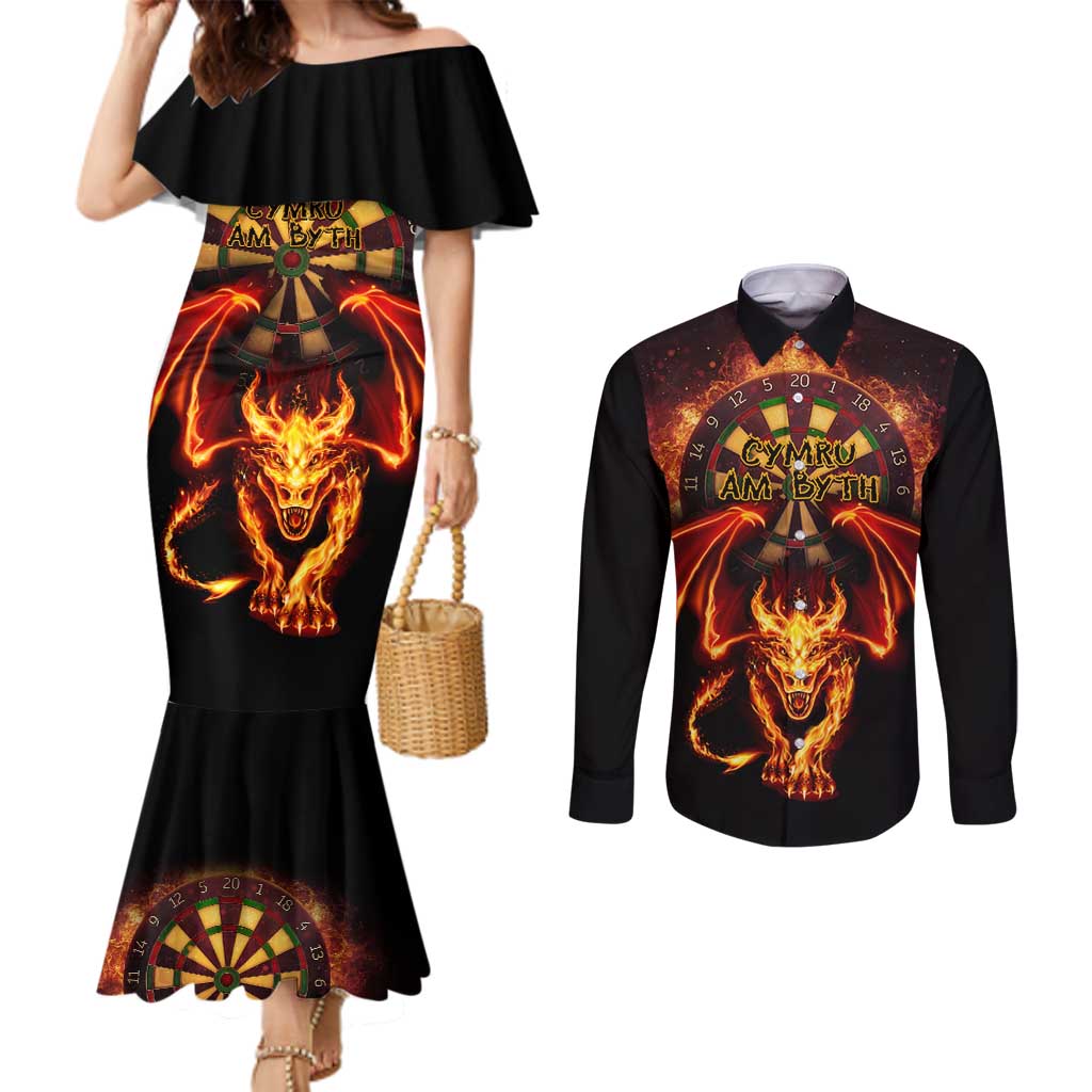 Cymru Am Byth Wales Darts Couples Matching Mermaid Dress and Long Sleeve Button Shirt Go Welsh Flame Style
