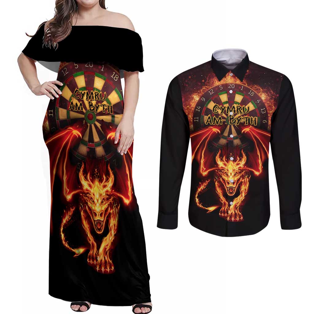 Cymru Am Byth Wales Darts Couples Matching Off Shoulder Maxi Dress and Long Sleeve Button Shirt Go Welsh Flame Style