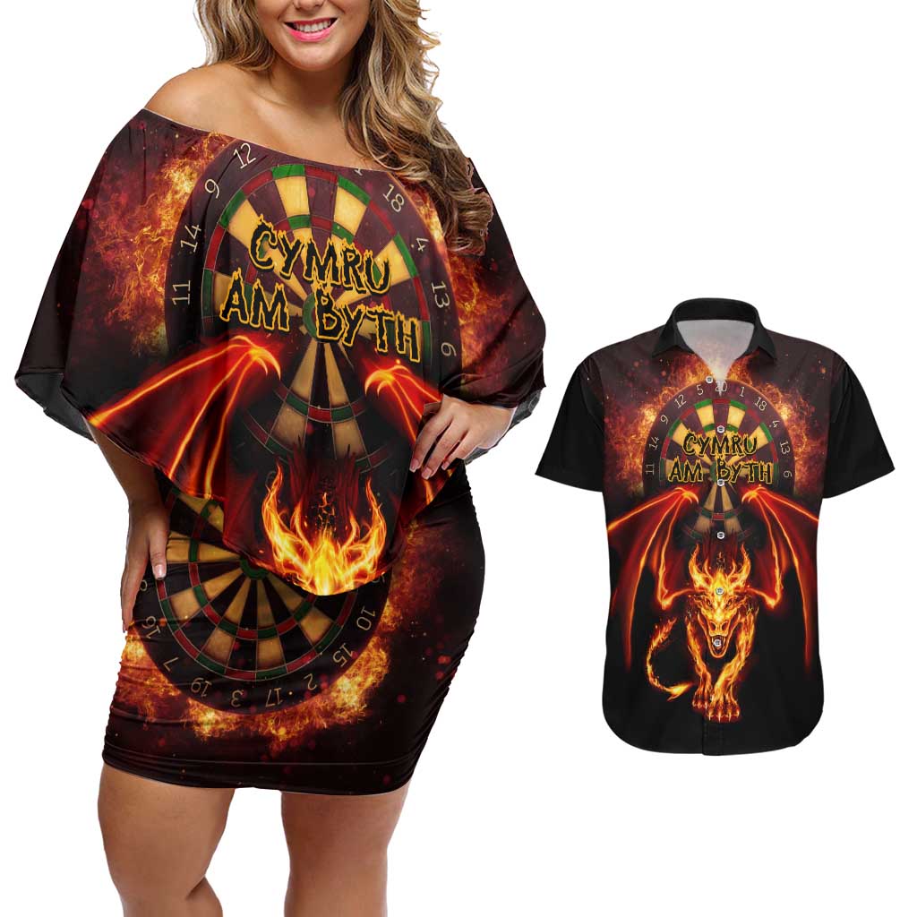 Cymru Am Byth Wales Darts Couples Matching Off Shoulder Short Dress and Hawaiian Shirt Go Welsh Flame Style