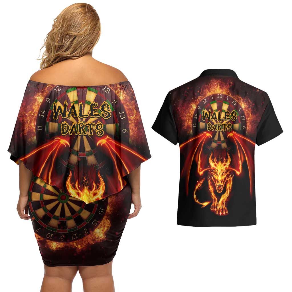 Cymru Am Byth Wales Darts Couples Matching Off Shoulder Short Dress and Hawaiian Shirt Go Welsh Flame Style