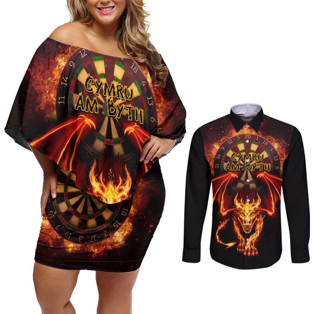 Cymru Am Byth Wales Darts Couples Matching Off Shoulder Short Dress and Long Sleeve Button Shirt Go Welsh Flame Style