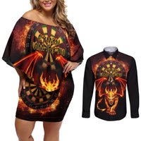 Cymru Am Byth Wales Darts Couples Matching Off Shoulder Short Dress and Long Sleeve Button Shirt Go Welsh Flame Style