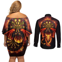 Cymru Am Byth Wales Darts Couples Matching Off Shoulder Short Dress and Long Sleeve Button Shirt Go Welsh Flame Style